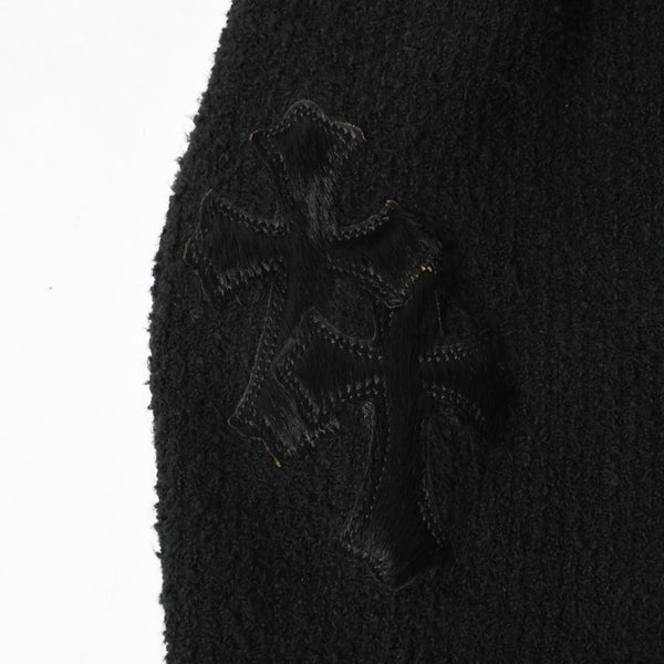 極美品 CHROME HEARTS クロムハーツ ハラコクロスパッチ ハイネック ニットセーター ブラック シルバー金具 サイズS 中古 4a007233