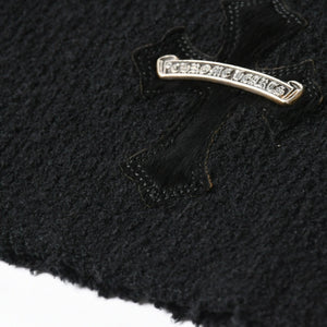 極美品 CHROME HEARTS クロムハーツ ハラコクロスパッチ ハイネック ニットセーター ブラック シルバー金具 サイズS 中古 4a007233