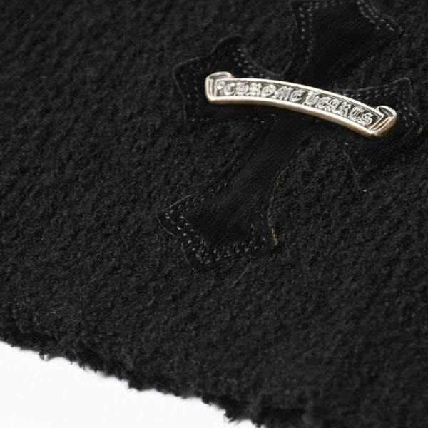 極美品 CHROME HEARTS クロムハーツ ハラコクロスパッチ ハイネック ニットセーター ブラック シルバー金具 サイズS 中古 4a007233