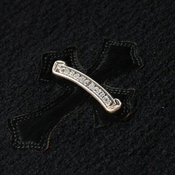 極美品 CHROME HEARTS クロムハーツ ハラコクロスパッチ ハイネック ニットセーター ブラック シルバー金具 サイズS 中古 4a007233