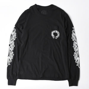 新品未使用 CHROME HEARTS クロムハーツ 長袖Tシャツ サイズM フローラルクロス ホースシュー ブラック 新型 中古 4a007493