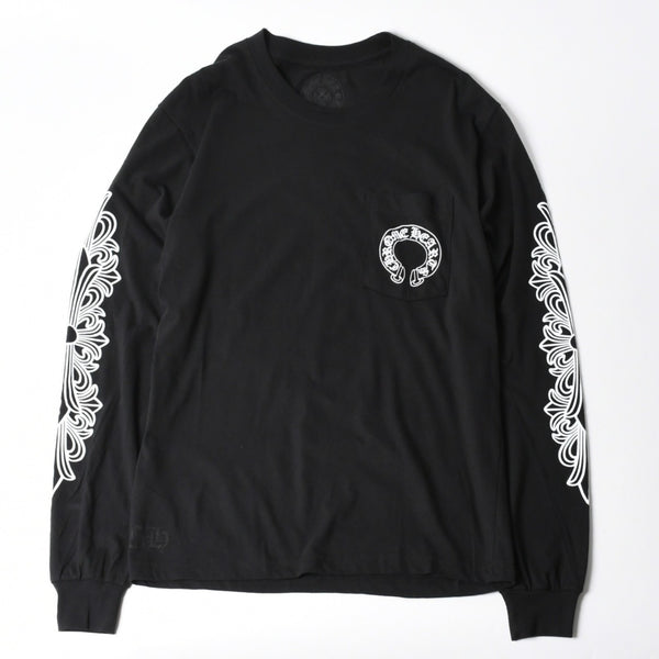 新品未使用 CHROME HEARTS クロムハーツ 長袖Tシャツ サイズM フローラルクロス ホースシュー ブラック 新型 中古 4a007493
