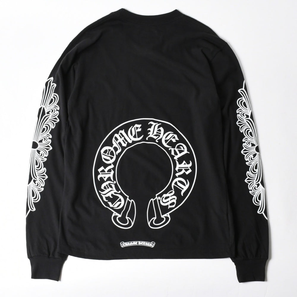 新品未使用 CHROME HEARTS クロムハーツ 長袖Tシャツ サイズM フローラルクロス ホースシュー ブラック 新型 中古 4a007493