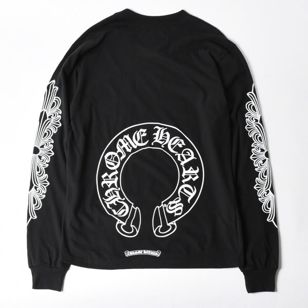 新品未使用 CHROME HEARTS クロムハーツ 長袖Tシャツ サイズM フローラルクロス ホースシュー ブラック 新型 中古 4a007493
