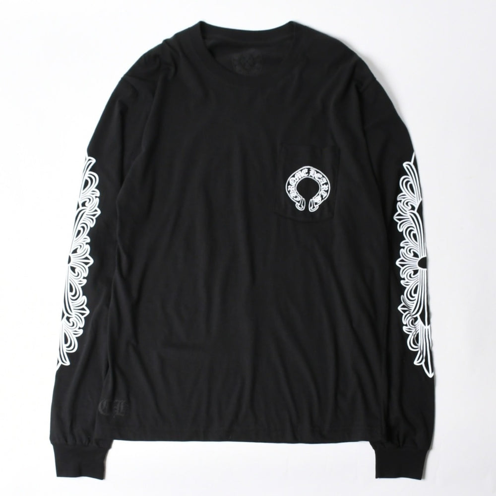 新品未使用 CHROME HEARTS クロムハーツ 長袖Tシャツ サイズL フローラルクロス ホースシュー ブラック 新型 中古 4a007494