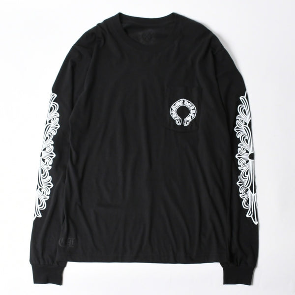 新品未使用 CHROME HEARTS クロムハーツ 長袖Tシャツ サイズL フローラルクロス ホースシュー ブラック 新型 中古 4a007494