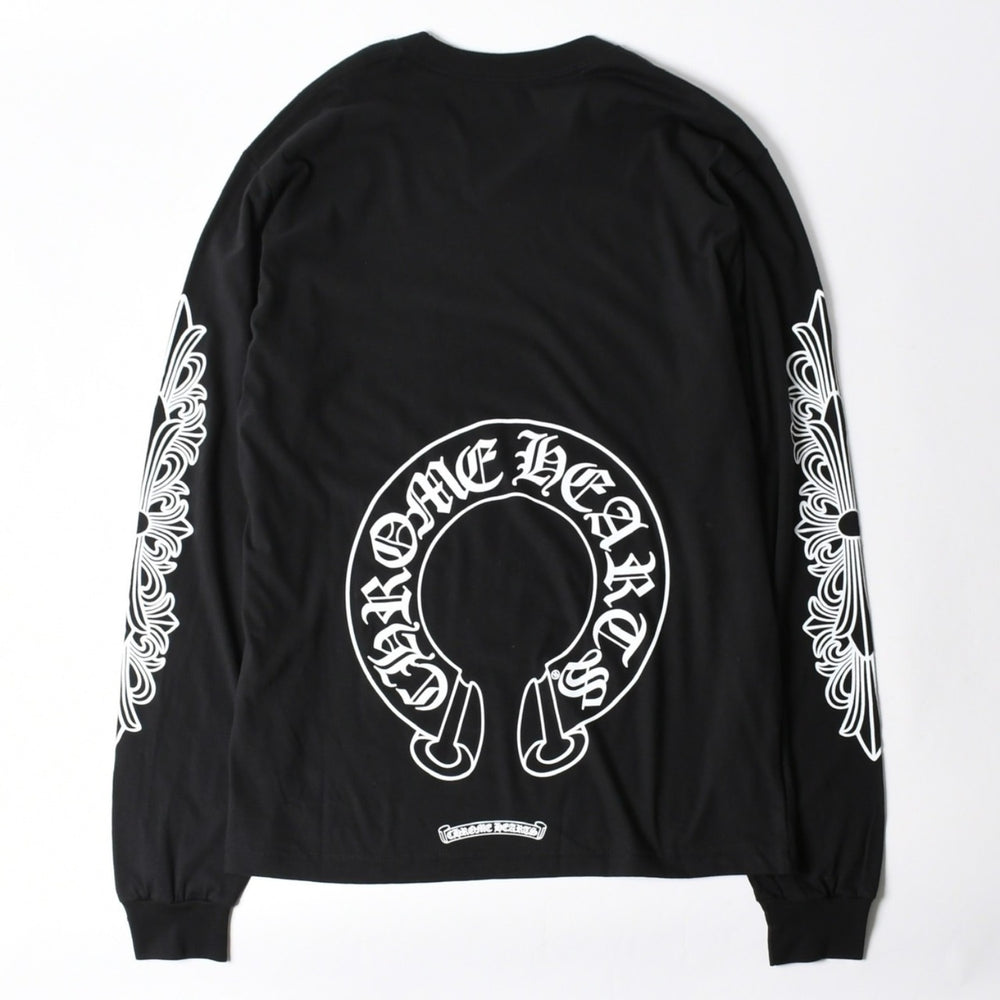 新品未使用 CHROME HEARTS クロムハーツ 長袖Tシャツ サイズL フローラルクロス ホースシュー ブラック 新型 中古 4a007494