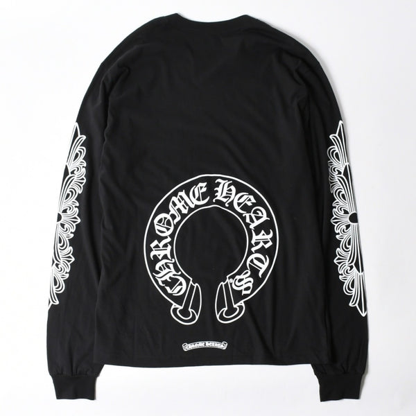 新品未使用 CHROME HEARTS クロムハーツ 長袖Tシャツ サイズL フローラルクロス ホースシュー ブラック 新型 中古 4a007494