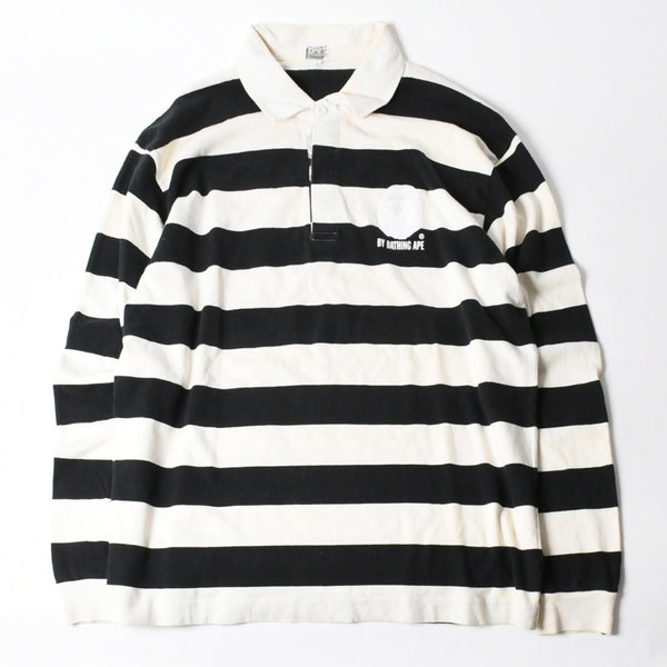 A BATHING APE アベイシングエイプ BAPE 長袖ポロシャツ ボーダー JAPAN製 コットン ホワイト ブラック サイズXL 美品 中古 4a001301