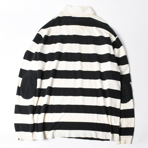 A BATHING APE アベイシングエイプ BAPE 長袖ポロシャツ ボーダー JAPAN製 コットン ホワイト ブラック サイズXL 美品 中古 4a001301