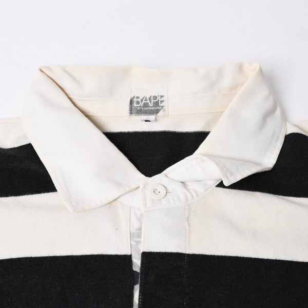 A BATHING APE アベイシングエイプ BAPE 長袖ポロシャツ ボーダー JAPAN製 コットン ホワイト ブラック サイズXL 美品 中古 4a001301