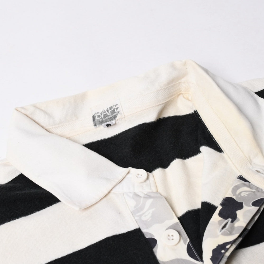 A BATHING APE アベイシングエイプ BAPE 長袖ポロシャツ ボーダー JAPAN製 コットン ホワイト ブラック サイズXL 美品 中古 4a001301