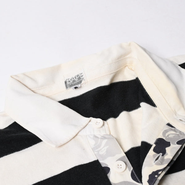A BATHING APE アベイシングエイプ BAPE 長袖ポロシャツ ボーダー JAPAN製 コットン ホワイト ブラック サイズXL 美品 中古 4a001301