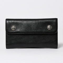 極美品 CHROME HEARTS クロムハーツ WAVE CROSS BALL ウェーブ クロスボールボタン レザーウォレット 長財布 ダガー ブラック 中古 4a007502