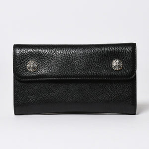 極美品 CHROME HEARTS クロムハーツ WAVE CROSS BALL ウェーブ クロスボールボタン レザーウォレット 長財布 ダガー ブラック 中古 4a007502