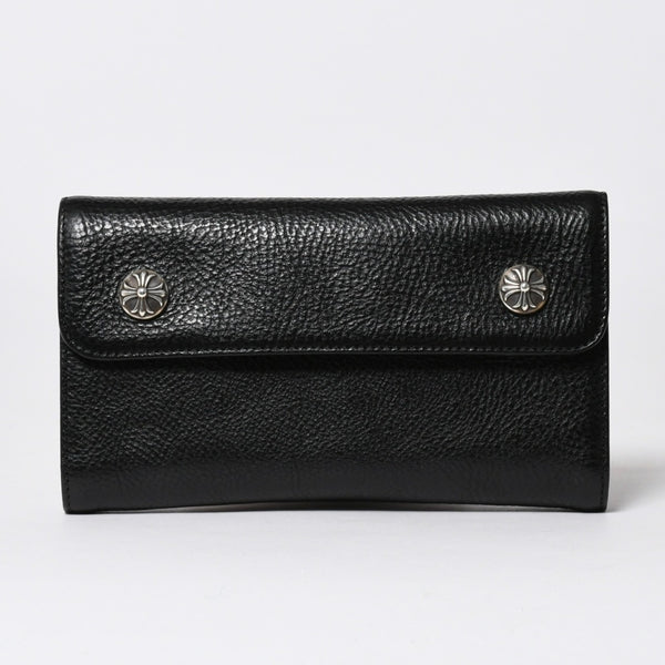 極美品 CHROME HEARTS クロムハーツ WAVE CROSS BALL ウェーブ クロスボールボタン レザーウォレット 長財布 ダガー ブラック 中古 4a007502