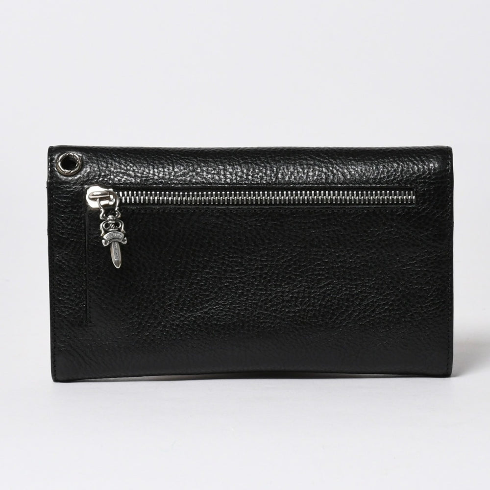 極美品 CHROME HEARTS クロムハーツ WAVE CROSS BALL ウェーブ クロスボールボタン レザーウォレット 長財布 ダガー ブラック 中古 4a007502