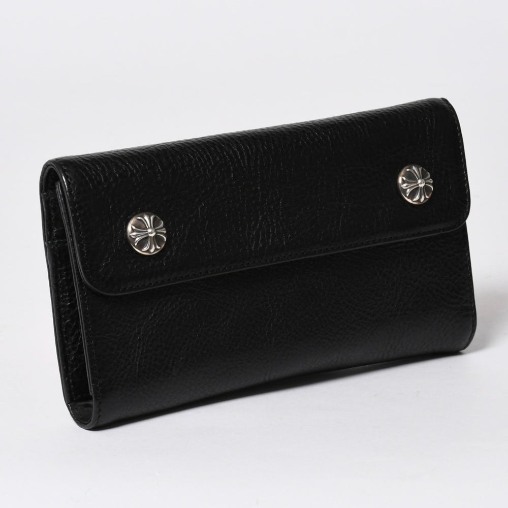 極美品 CHROME HEARTS クロムハーツ WAVE CROSS BALL ウェーブ クロスボールボタン レザーウォレット 長財布 ダガー ブラック 中古 4a007502