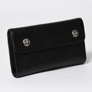 極美品 CHROME HEARTS クロムハーツ WAVE CROSS BALL ウェーブ クロスボールボタン レザーウォレット 長財布 ダガー ブラック 中古 4a007502