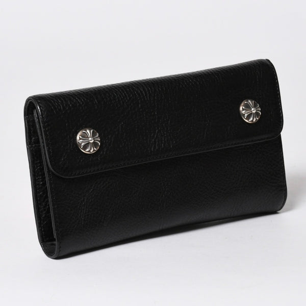 極美品 CHROME HEARTS クロムハーツ WAVE CROSS BALL ウェーブ クロスボールボタン レザーウォレット 長財布 ダガー ブラック 中古 4a007502