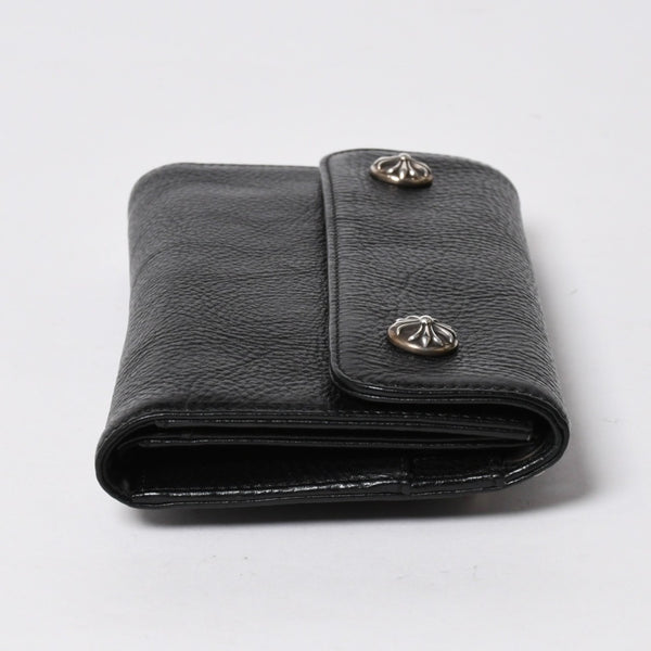 極美品 CHROME HEARTS クロムハーツ WAVE CROSS BALL ウェーブ クロスボールボタン レザーウォレット 長財布 ダガー ブラック 中古 4a007502