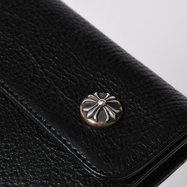 極美品 CHROME HEARTS クロムハーツ WAVE CROSS BALL ウェーブ クロスボールボタン レザーウォレット 長財布 ダガー ブラック 中古 4a007502