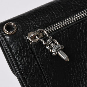 極美品 CHROME HEARTS クロムハーツ WAVE CROSS BALL ウェーブ クロスボールボタン レザーウォレット 長財布 ダガー ブラック 中古 4a007502