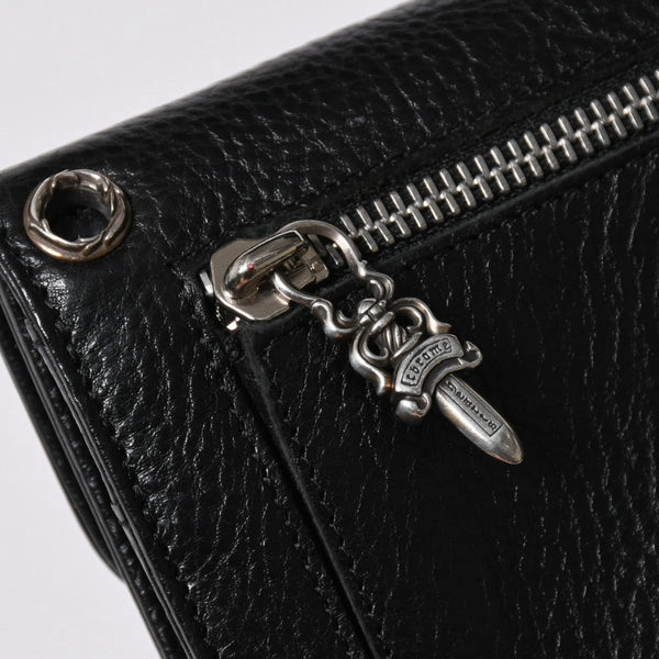 極美品 CHROME HEARTS クロムハーツ WAVE CROSS BALL ウェーブ クロスボールボタン レザーウォレット 長財布 ダガー ブラック 中古 4a007502