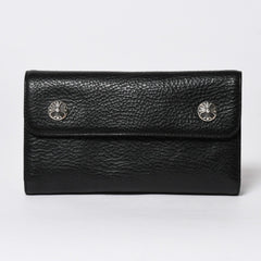 新品未使用 CHROME HEARTS クロムハーツ WAVE CROSS BALL ウェーブ クロスボールボタン レザーウォレット 長財布 ダガー ブラック 中古 4a007535