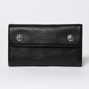 新品未使用 CHROME HEARTS クロムハーツ WAVE CROSS BALL ウェーブ クロスボールボタン レザーウォレット 長財布 ダガー ブラック 中古 4a007535