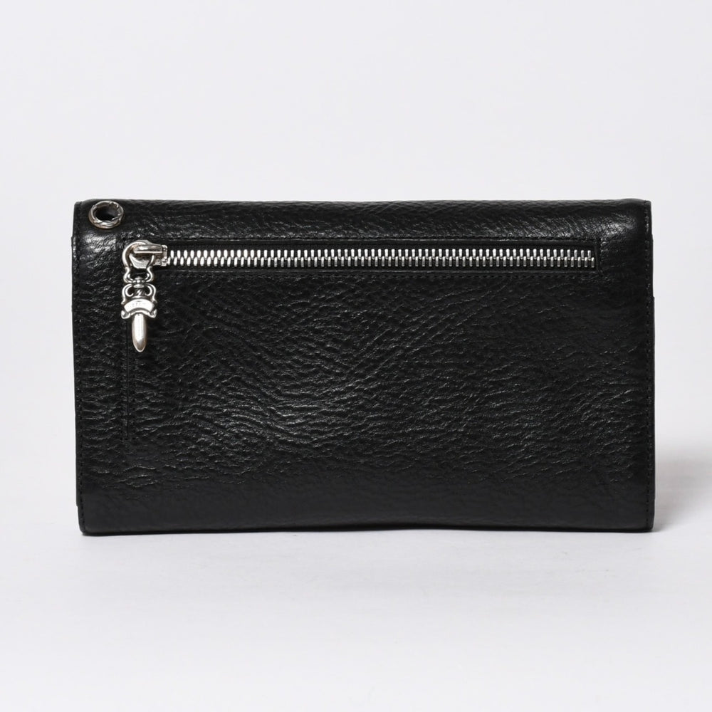 新品未使用 CHROME HEARTS クロムハーツ WAVE CROSS BALL ウェーブ クロスボールボタン レザーウォレット 長財布 ダガー ブラック 中古 4a007535
