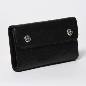 新品未使用 CHROME HEARTS クロムハーツ WAVE CROSS BALL ウェーブ クロスボールボタン レザーウォレット 長財布 ダガー ブラック 中古 4a007535