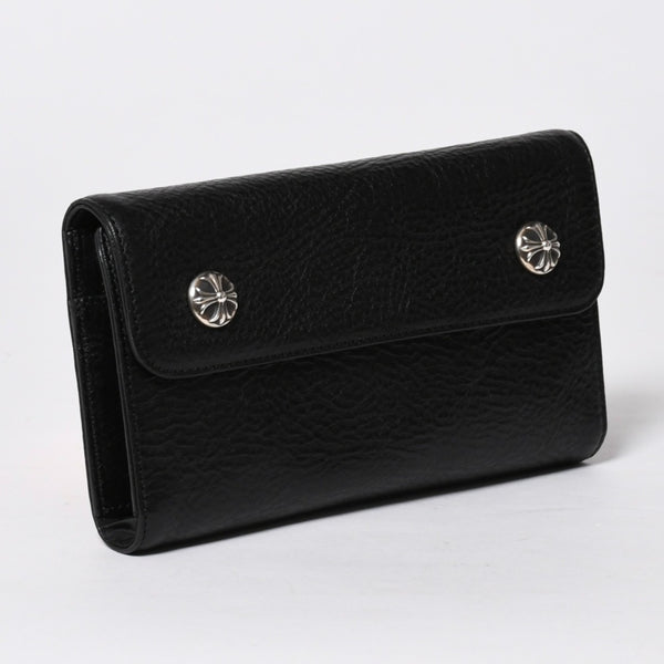 新品未使用 CHROME HEARTS クロムハーツ WAVE CROSS BALL ウェーブ クロスボールボタン レザーウォレット 長財布 ダガー ブラック 中古 4a007535