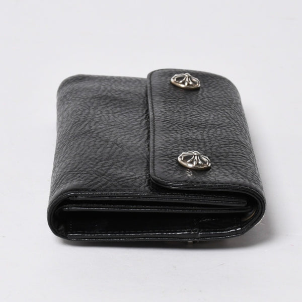 新品未使用 CHROME HEARTS クロムハーツ WAVE CROSS BALL ウェーブ クロスボールボタン レザーウォレット 長財布 ダガー ブラック 中古 4a007535