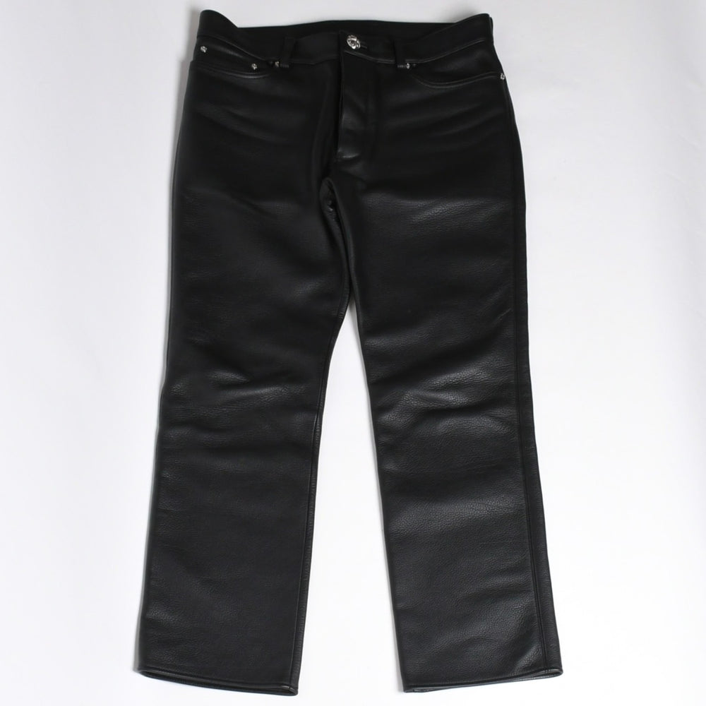 極美品 CHROME HEARTS クロムハーツ レザーパンツ サイズ34 カーフレザー クロスボールボタン ブラック シルバー925 中古 4a007525
