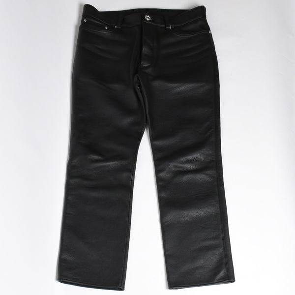 極美品 CHROME HEARTS クロムハーツ レザーパンツ サイズ34 カーフレザー クロスボールボタン ブラック シルバー925 中古 4a007525