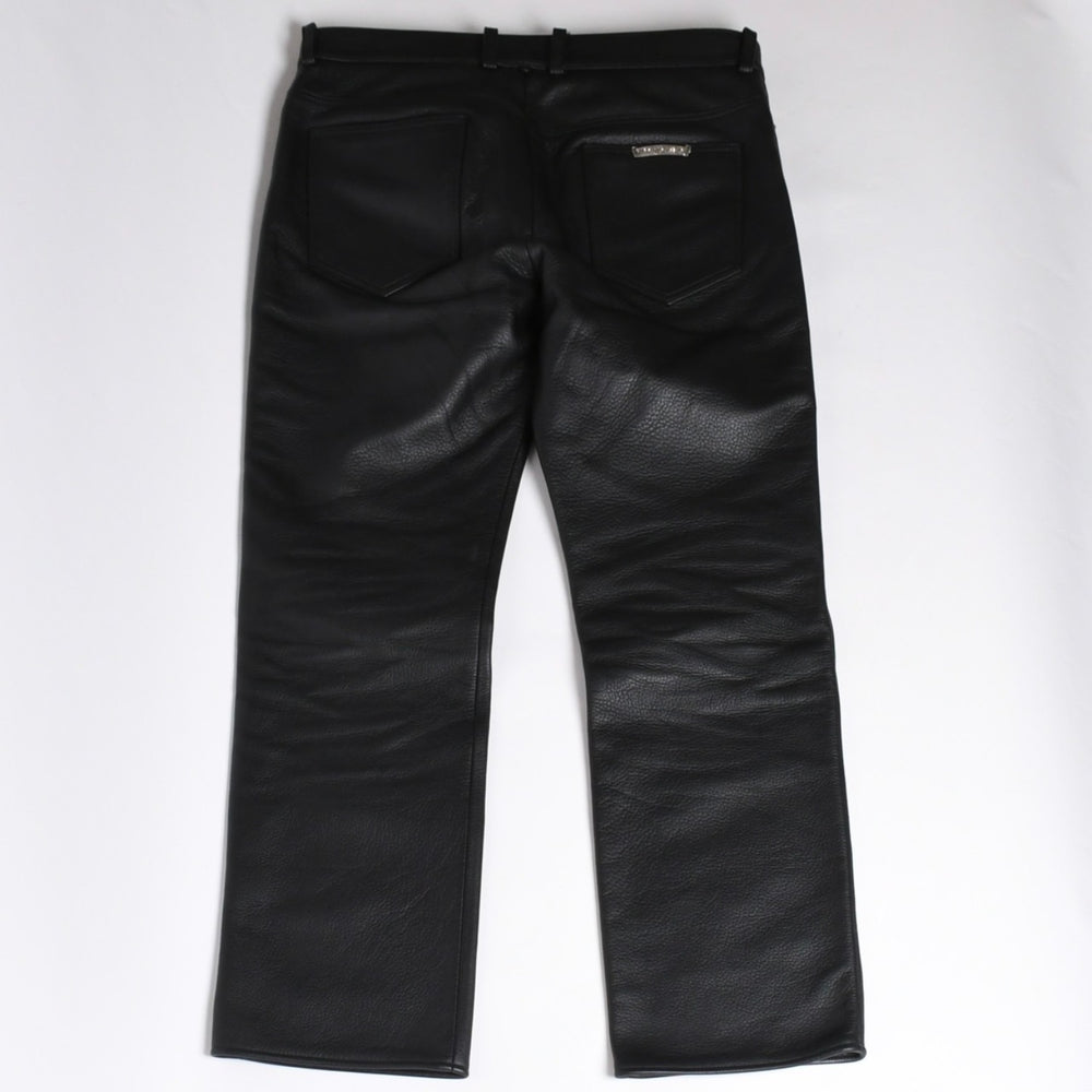 極美品 CHROME HEARTS クロムハーツ レザーパンツ サイズ34 カーフレザー クロスボールボタン ブラック シルバー925 中古 4a007525