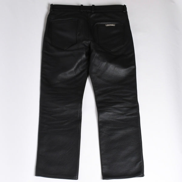 極美品 CHROME HEARTS クロムハーツ レザーパンツ サイズ34 カーフレザー クロスボールボタン ブラック シルバー925 中古 4a007525