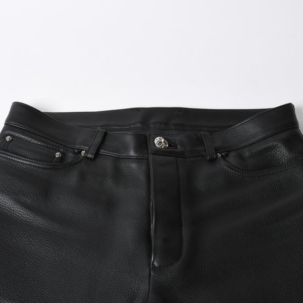 極美品 CHROME HEARTS クロムハーツ レザーパンツ サイズ34 カーフレザー クロスボールボタン ブラック シルバー925 中古 4a007525