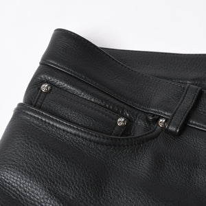 極美品 CHROME HEARTS クロムハーツ レザーパンツ サイズ34 カーフレザー クロスボールボタン ブラック シルバー925 中古 4a007525