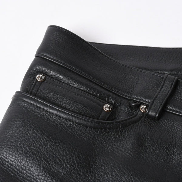 極美品 CHROME HEARTS クロムハーツ レザーパンツ サイズ34 カーフレザー クロスボールボタン ブラック シルバー925 中古 4a007525