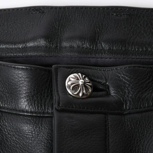 極美品 CHROME HEARTS クロムハーツ レザーパンツ サイズ34 カーフレザー クロスボールボタン ブラック シルバー925 中古 4a007525