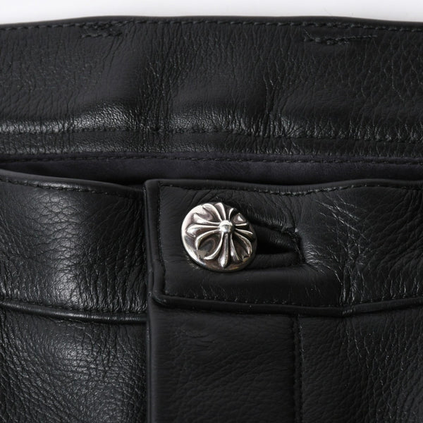 極美品 CHROME HEARTS クロムハーツ レザーパンツ サイズ34 カーフレザー クロスボールボタン ブラック シルバー925 中古 4a007525
