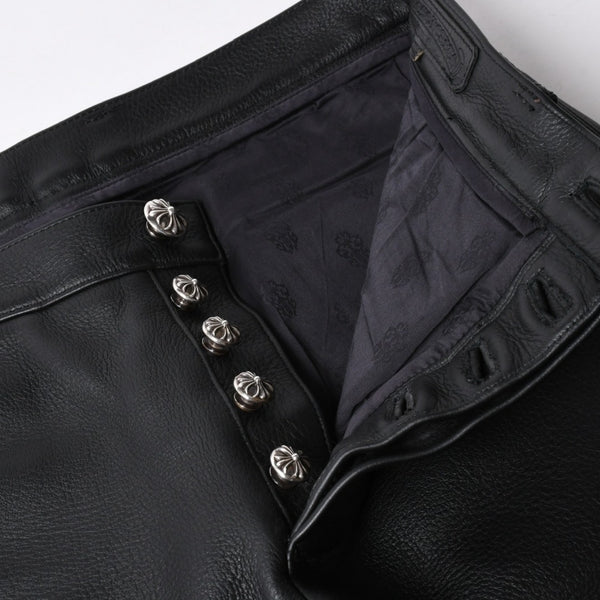 極美品 CHROME HEARTS クロムハーツ レザーパンツ サイズ34 カーフレザー クロスボールボタン ブラック シルバー925 中古 4a007525