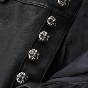 極美品 CHROME HEARTS クロムハーツ レザーパンツ サイズ34 カーフレザー クロスボールボタン ブラック シルバー925 中古 4a007525