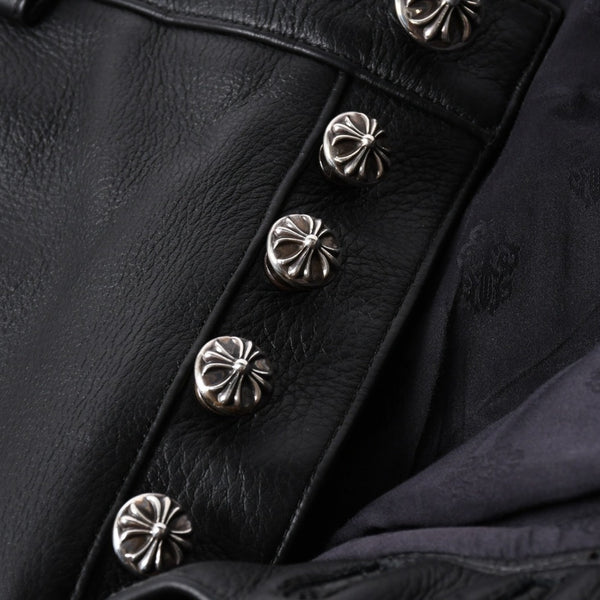 極美品 CHROME HEARTS クロムハーツ レザーパンツ サイズ34 カーフレザー クロスボールボタン ブラック シルバー925 中古 4a007525