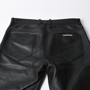 極美品 CHROME HEARTS クロムハーツ レザーパンツ サイズ34 カーフレザー クロスボールボタン ブラック シルバー925 中古 4a007525