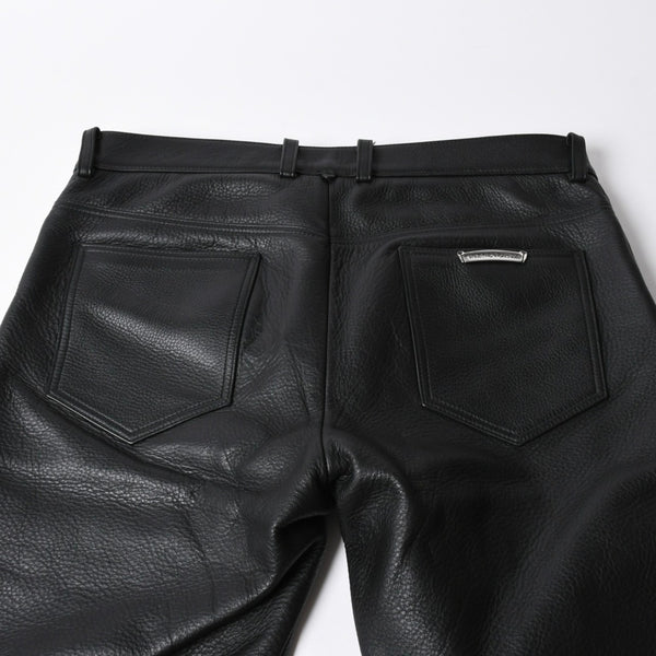 極美品 CHROME HEARTS クロムハーツ レザーパンツ サイズ34 カーフレザー クロスボールボタン ブラック シルバー925 中古 4a007525