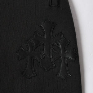 極美品 CHROME HEARTS クロムハーツ セメタリー レザーパッチ スウェットロングパンツ コットン レザー ブラック サイズM 中古 4a007234