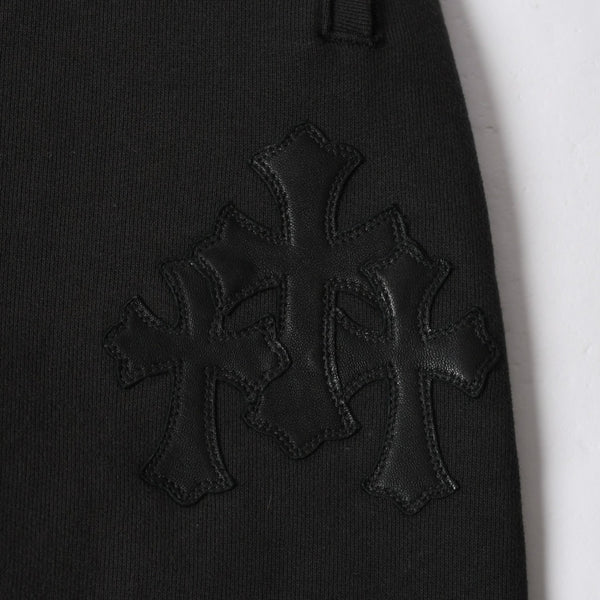 極美品 CHROME HEARTS クロムハーツ セメタリー レザーパッチ スウェットロングパンツ コットン レザー ブラック サイズM 中古 4a007234